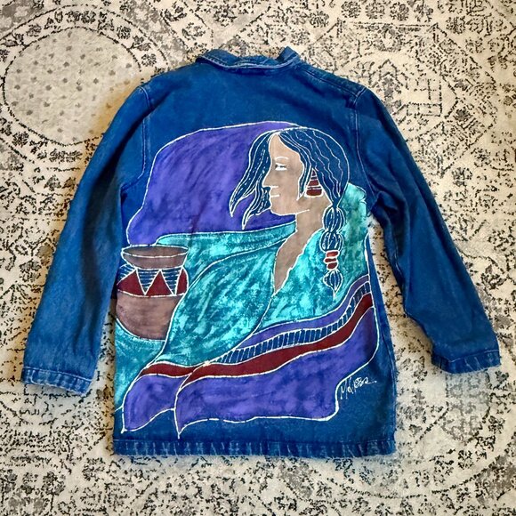 Vintage Typhoons by Melissa Handpainted Aztec Woman Denim Blazer - Picture 1 of 2